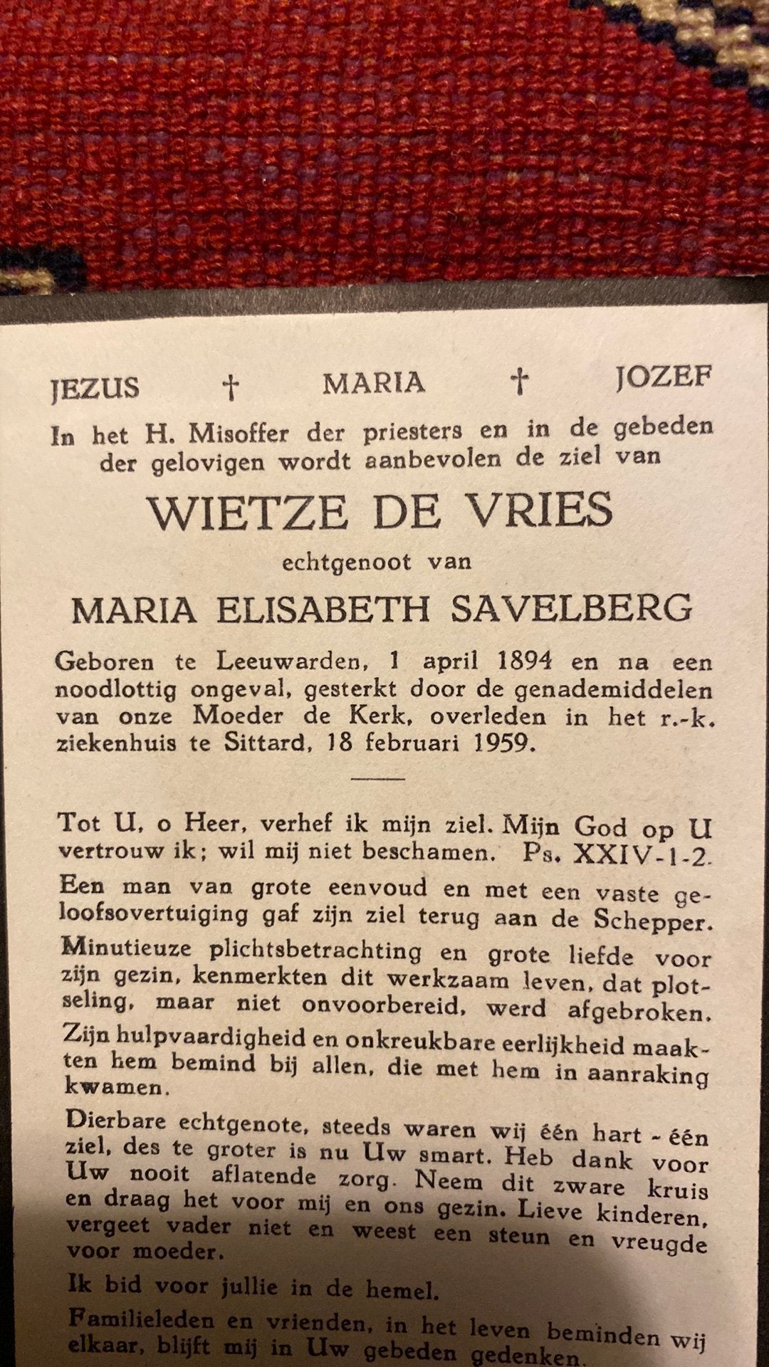 Wietze de Vries x Savelberg 1884 Leeuwarden 1959 Sittard, Ophalen of Verzenden