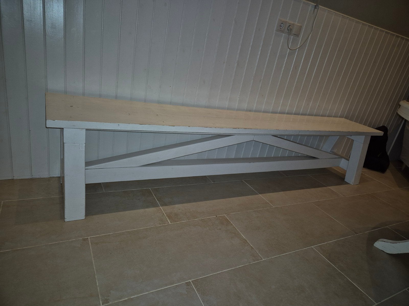 Robuuste houten eetkamerbank - 240 cm breed, Huis en Inrichting, Ophalen of Verzenden, Gebruikt, Wit, Hout