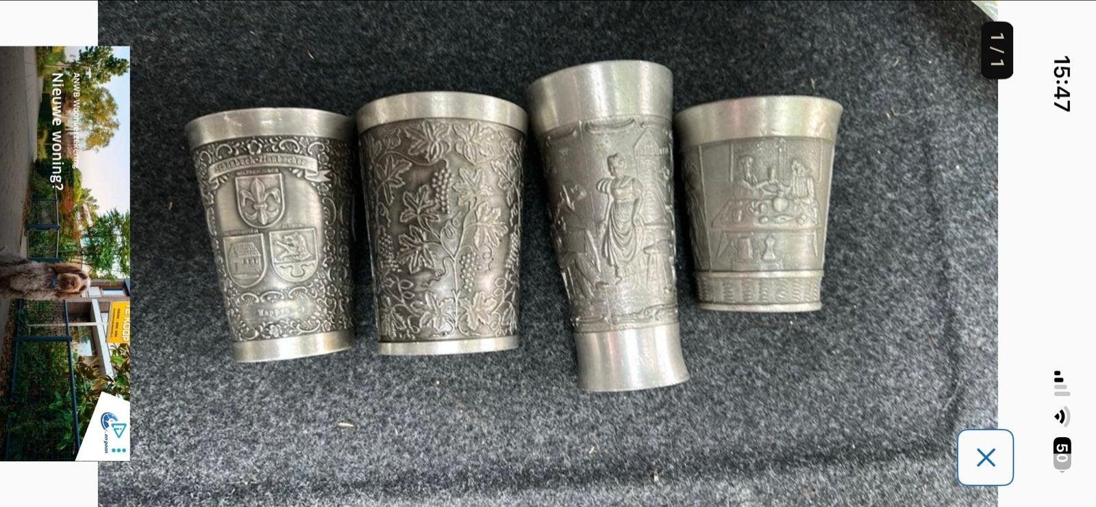 Set van 4 Antieke Tinnen Bekers met Reliëf, Antiek en Kunst, Antiek | Tin, Ophalen of Verzenden