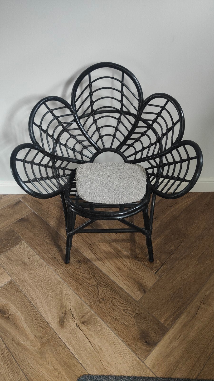 Zwarte rotan pauwstoel met kussen, Huis en Inrichting, Ophalen, Zwart, Bohemian, Vintage, Decoratief, Riet of Rotan