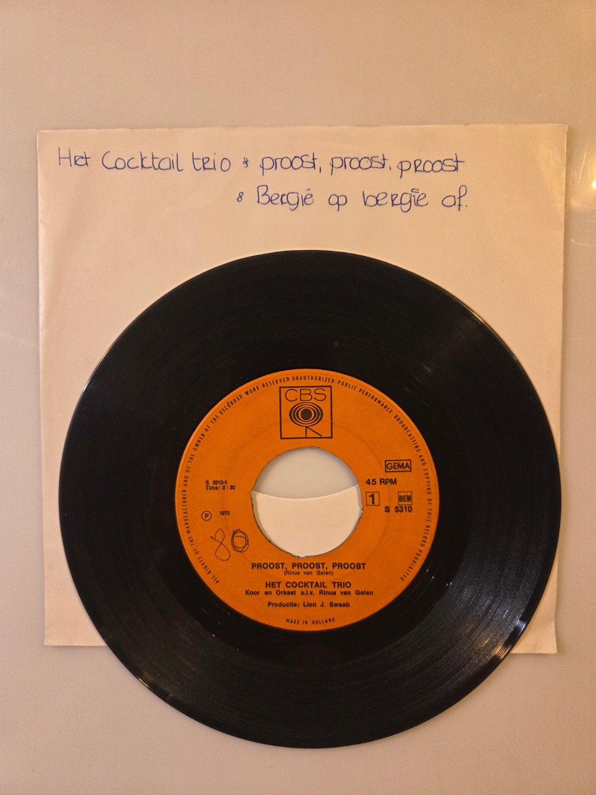 Het Cocktail trio - Proost, proost, proost, Ophalen of Verzenden, Gebruikt, 7 inch, Nederlandstalig