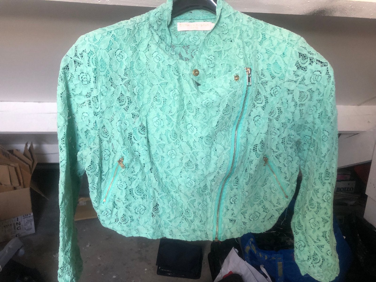 Trendy mintgroen kanten bikerjack, Ophalen of Verzenden, Gedragen, Maat 36 (S), Groen