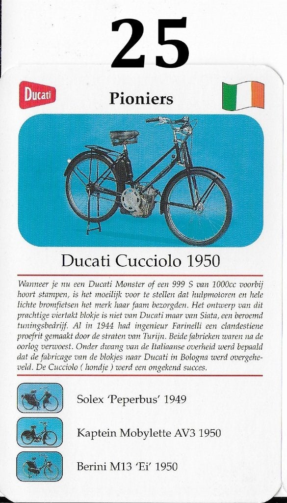 Verzamelkaartje 25 bromfiets ducati cucciolo ( 1950 ), Ophalen of Verzenden, Zo goed als nieuw, Auto's