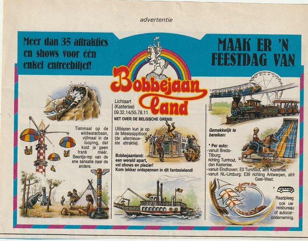 retro reclame 1985 Bobbejaanland pretpark 'n feestdag, Verzamelen, Verzenden, Overige typen