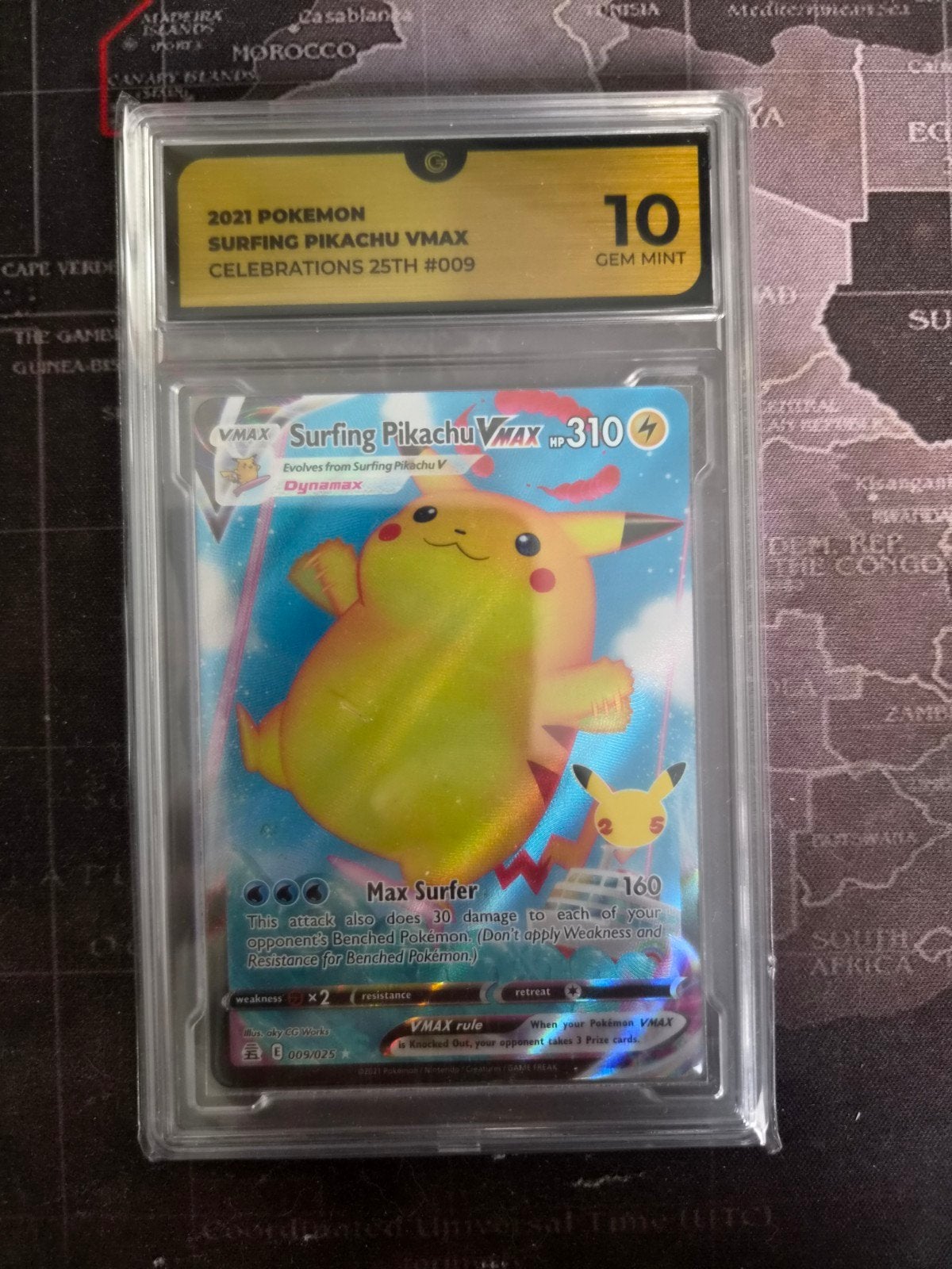 Surfing Pikachu VMAX 009/025 GG 10 ( huidige waarde 80 +/-, Ophalen of Verzenden, Nieuw, Losse kaart, Foil
