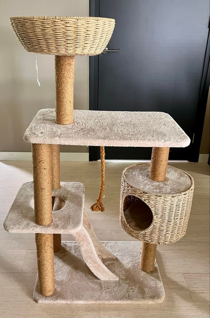 Stevige krabpaal / kattenboom met mand en huisje, Ophalen, Gebruikt