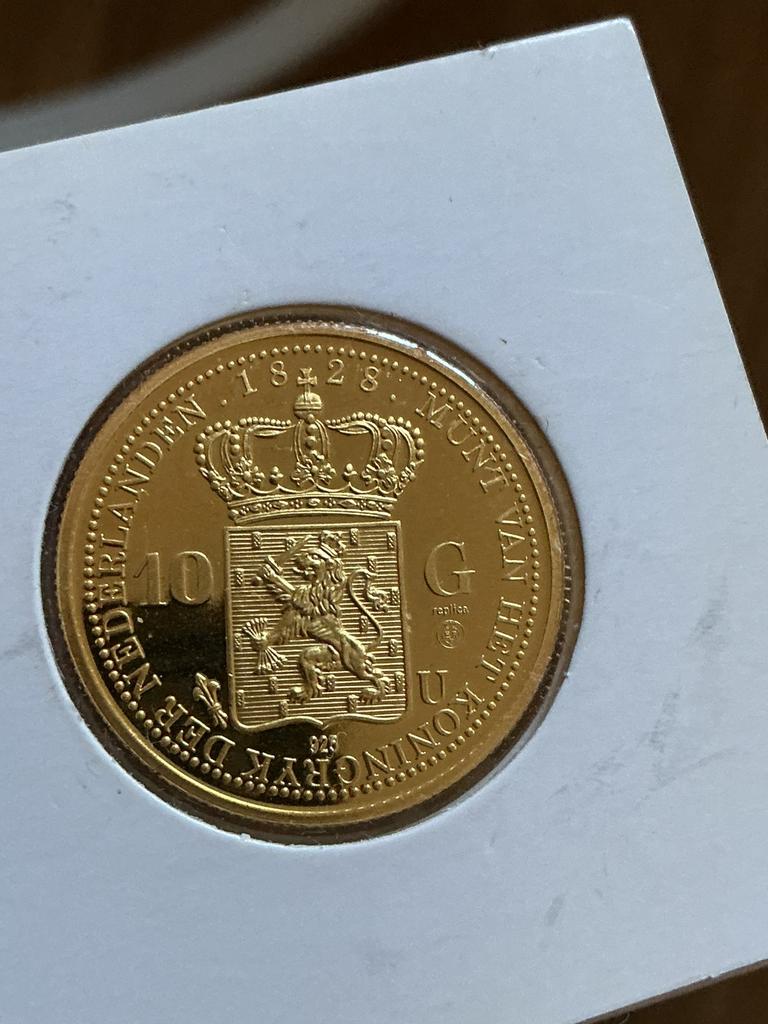 10 gulden 1828 herslag 10 gram 925/1000 verguld zilver, Ophalen of Verzenden, Koningin Beatrix, 10 gulden