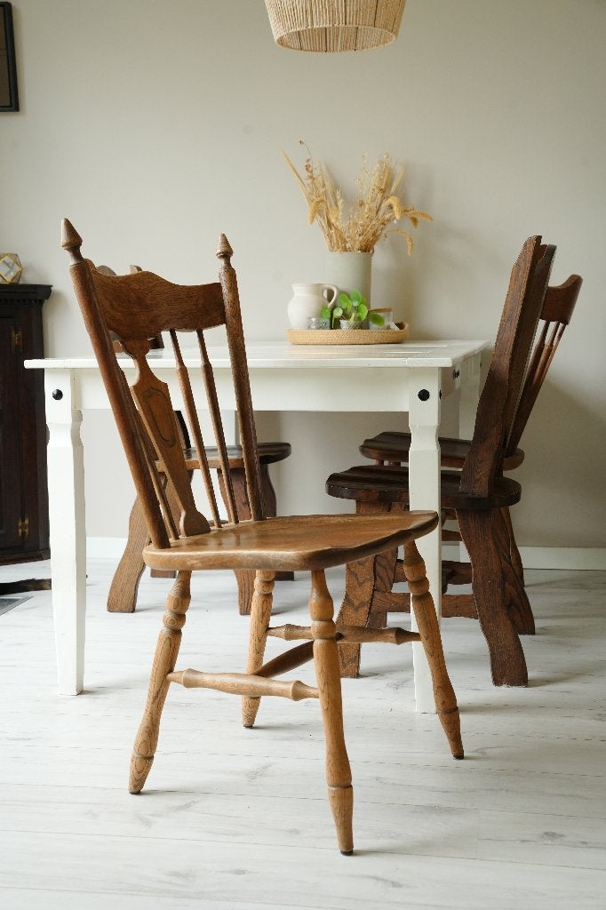 5 sfeervolle brocante eetkamerstoelen – uniek & karaktervol, Ophalen, Bruin, Vijf, Zes of meer stoelen, Hout