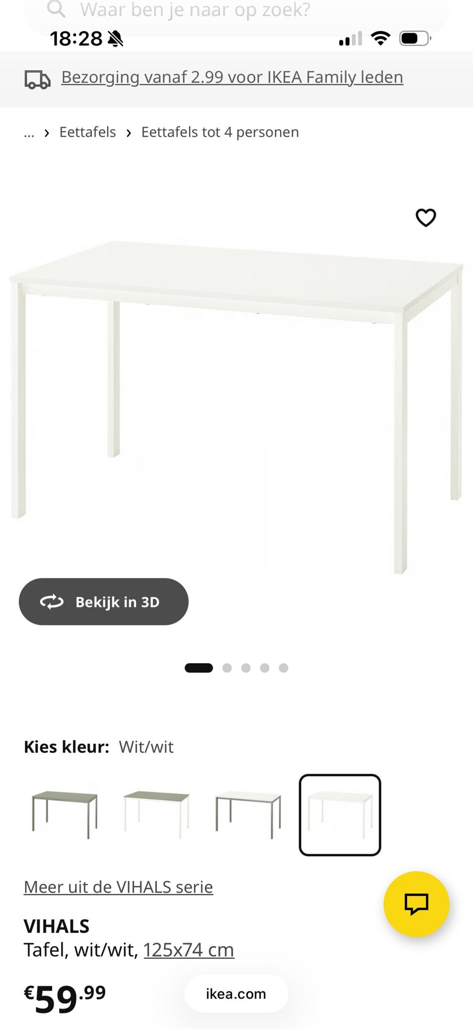 IKEA VIHALS Tafel, wit/wit, 125x74 cm, Overige materialen, 100 tot 150 cm, Tot twee personen, Zo goed als nieuw