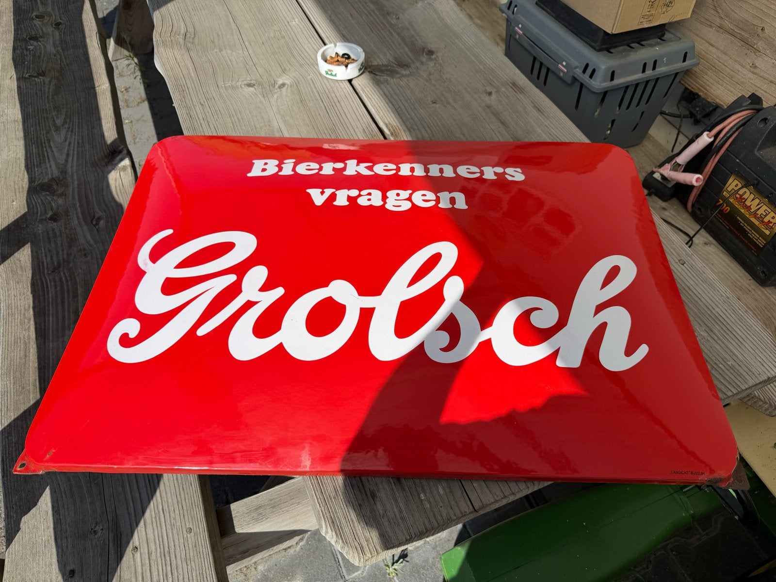Groot gebold Grolsch emaillebord - Langcat Bussum, Ophalen of Verzenden, Gebruikt, Reclamebord