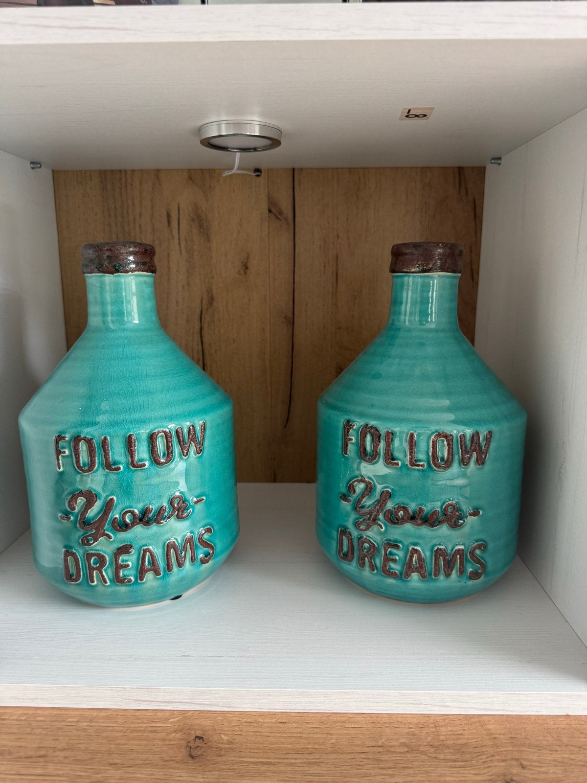 Set van 2 Kwantum vazen 'Follow Your Dreams' turquoise, Huis en Inrichting, Overige kleuren, Handgemaakt, Ophalen of Verzenden