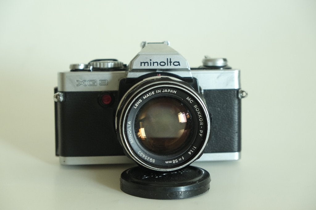 Minolta XG-9 film camera, MC Rokkor PF 58mm f 1.4 lens, Ophalen of Verzenden, Gebruikt, Spiegelreflex, Minolta