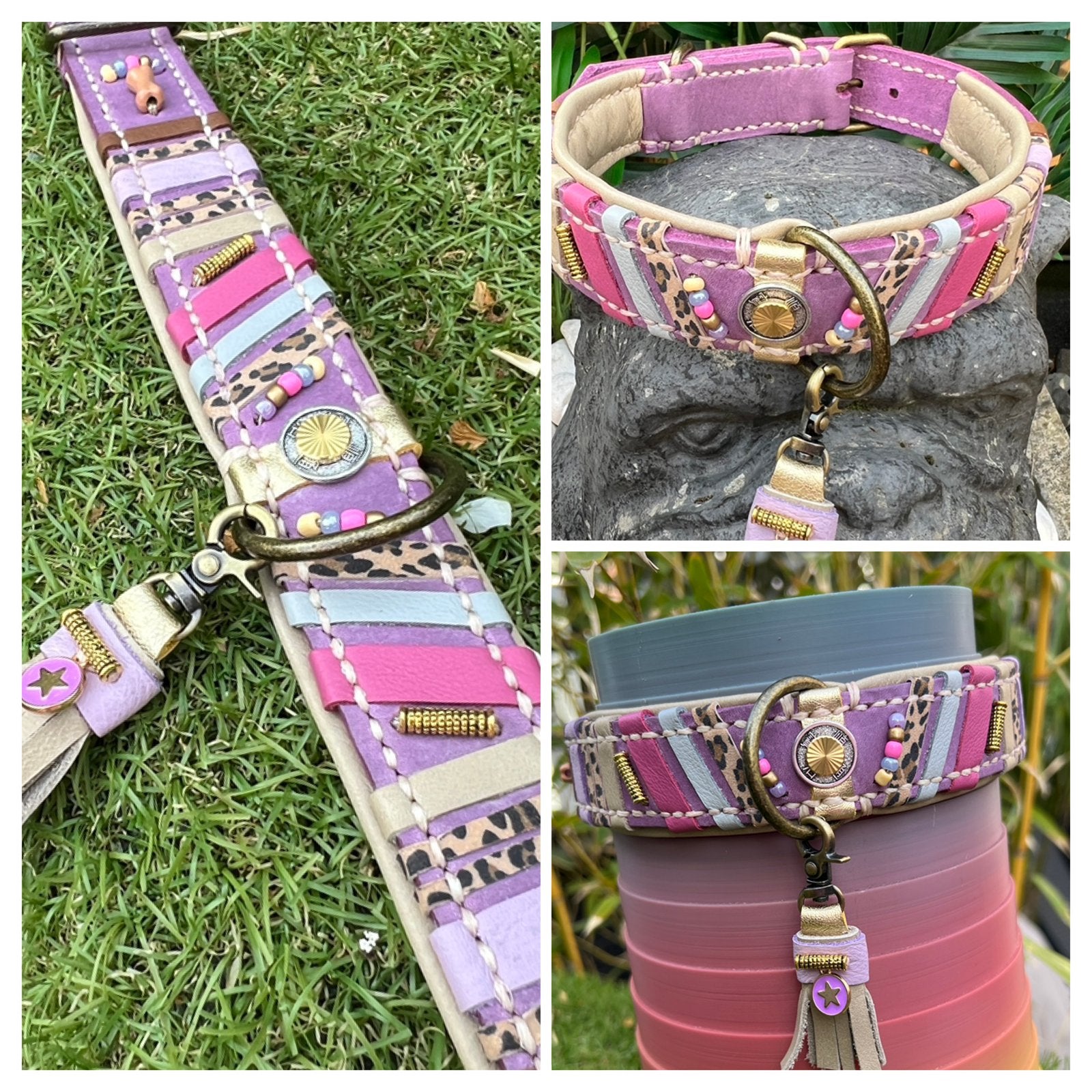 Fraaie halsband lila leer taupe nappa voering deco 38-47 cm, Ophalen of Verzenden, Handgemaakt, Nieuw