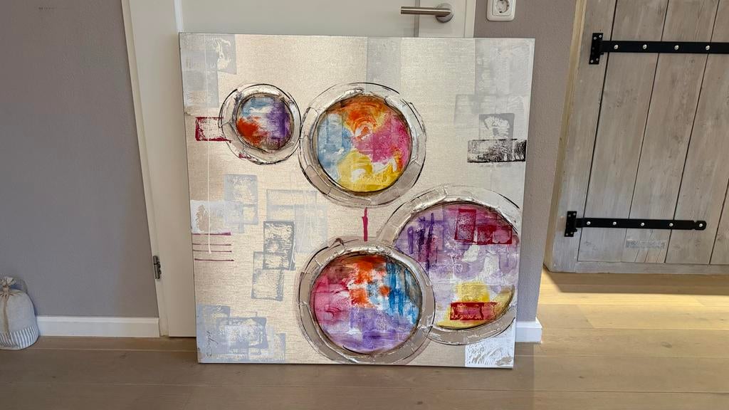 Modern schilderij met zilver en kleurige cirkels, Ophalen