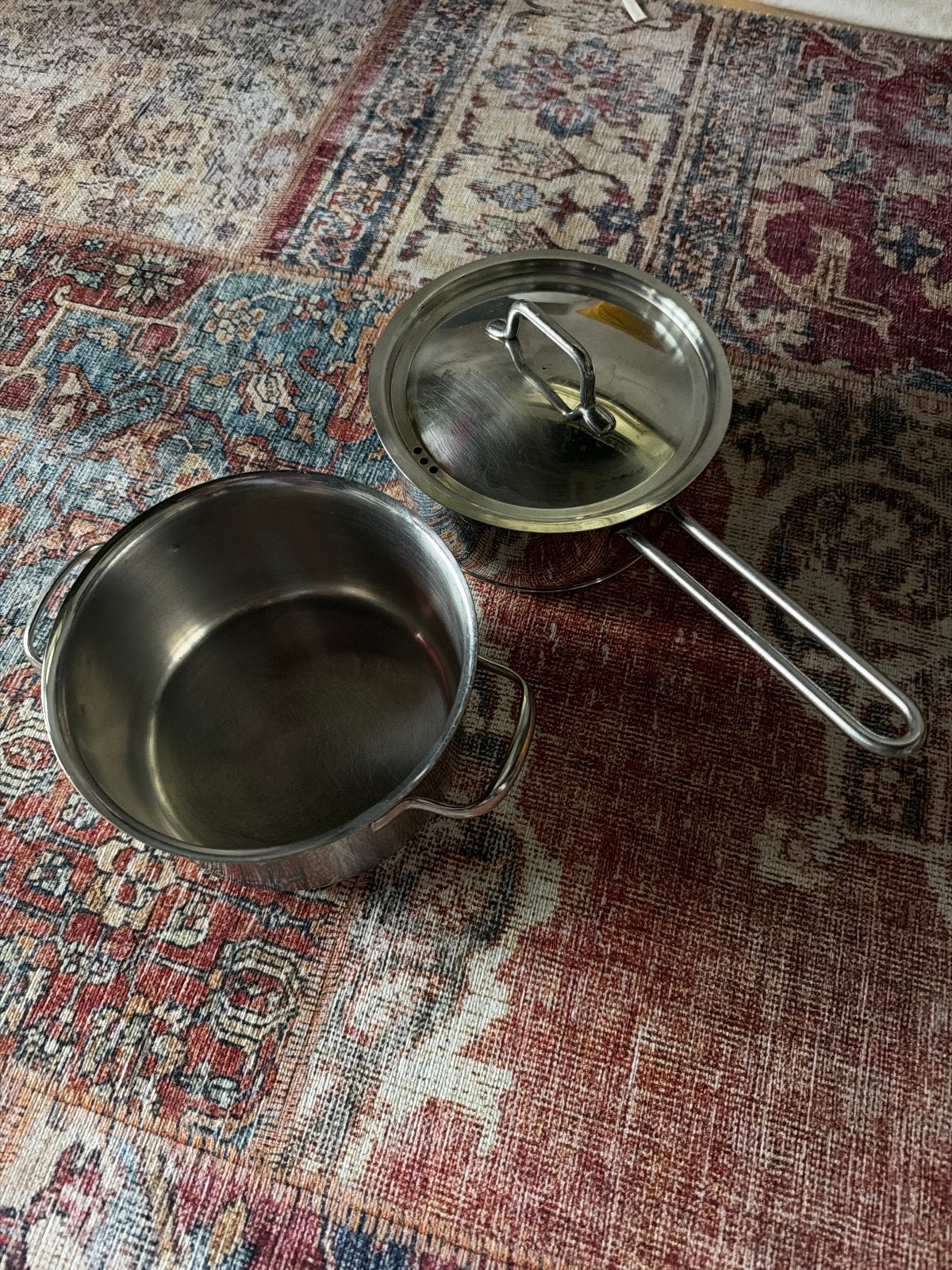 2-delige pannenset RVS - pan en steelpan ø17cm, Ophalen, Gebruikt, Rvs, Pannenset