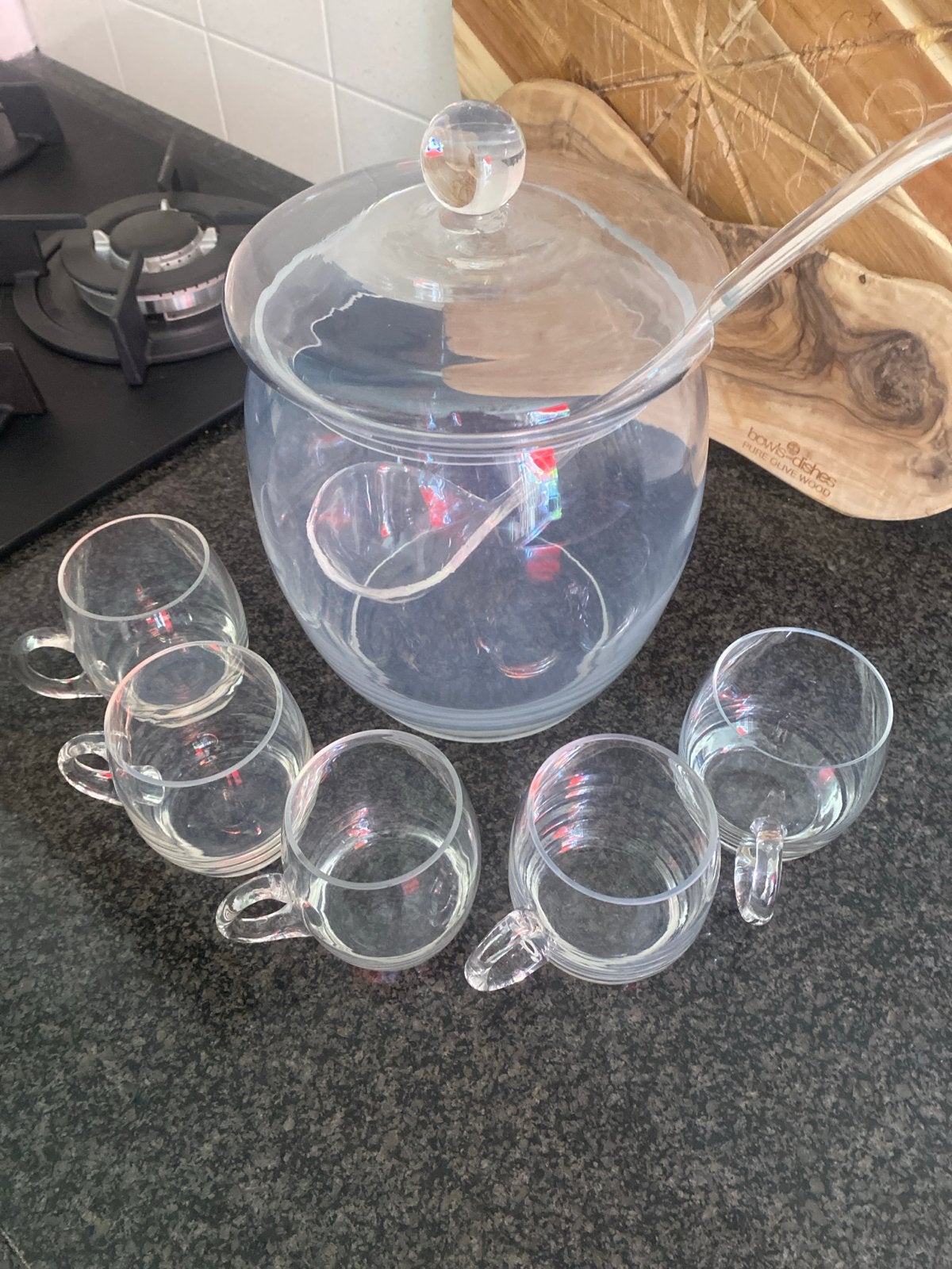 Glazen punchkom met 5 kopjes en lepel, Ophalen, Zo goed als nieuw, Glas, Overige typen