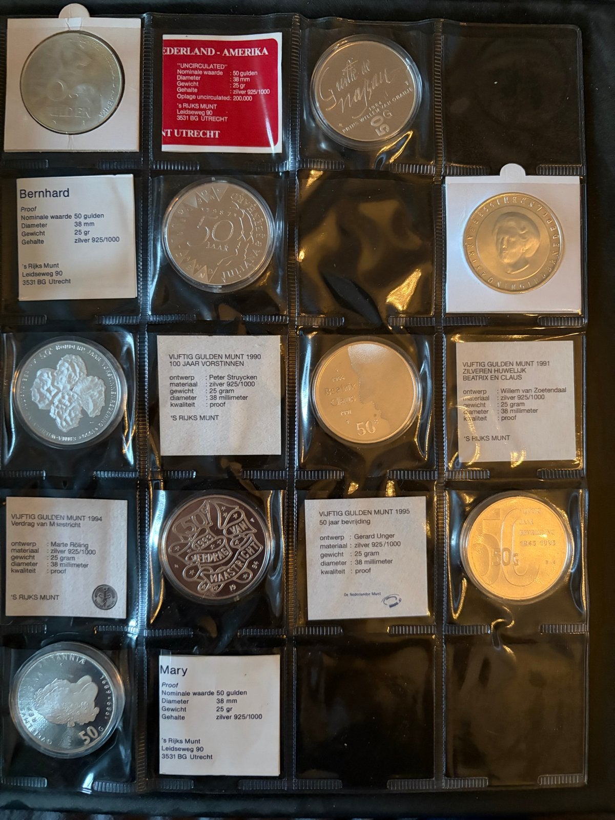Complete serie zilveren 50 gulden munten Proof in capsule, Postzegels en Munten, Ophalen, Setje, Koningin Beatrix, Zilver