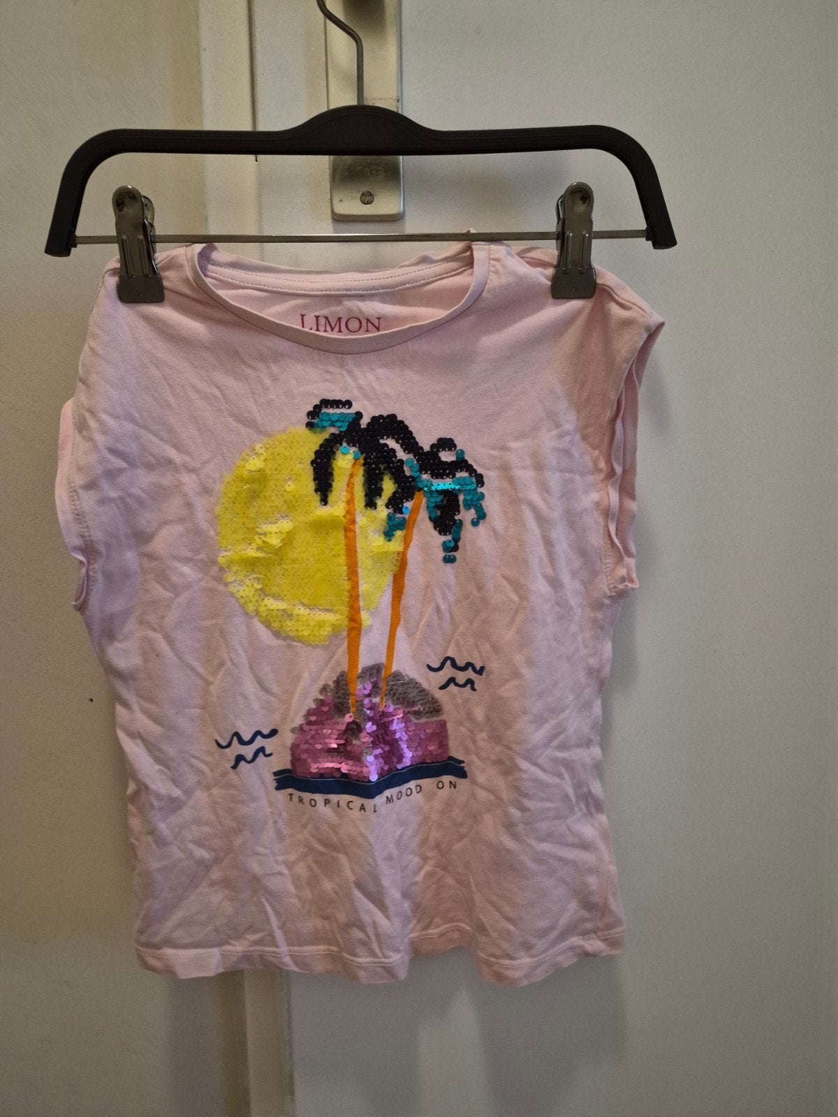 Roze T-shirt met pailletten palmboom - Limon Kids, Meisje, Ophalen of Verzenden, Zo goed als nieuw, Shirt of Longsleeve