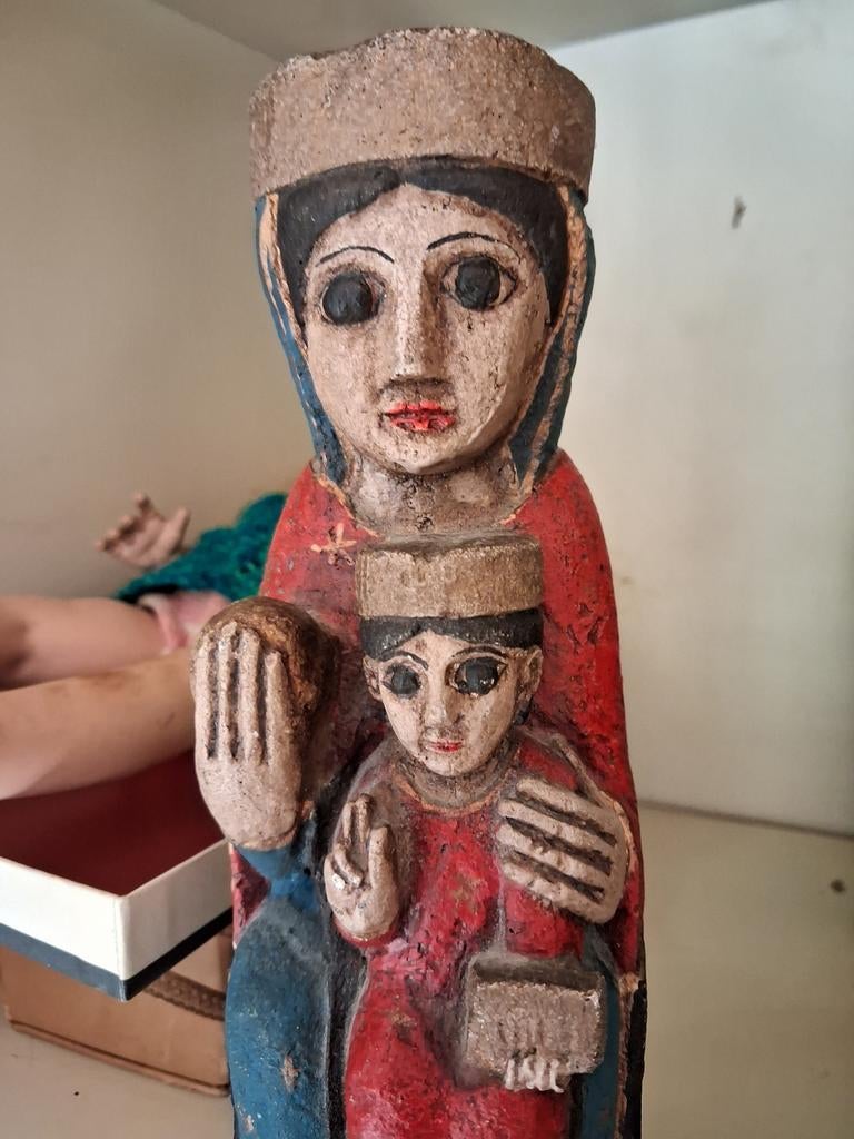 Antiek Stenen Beeldje Maria met Kind - Frankrijk/Spanje, Antiek en Kunst, Kunst | Beelden en Houtsnijwerken, Ophalen of Verzenden
