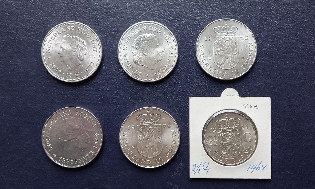 5X ZIlveren Tientje 5x + 1x ZIlveren Rijksdaalder, Postzegels en Munten, Munten | Nederland, Ophalen, Koningin Juliana, Setje