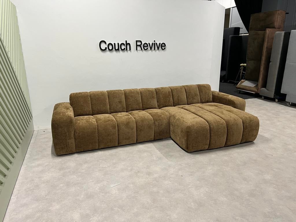 GRATIS LEVERING Sample goud kleurige bank 330x155, 75 tot 100 cm, Ophalen of Verzenden, Zo goed als nieuw, Stof