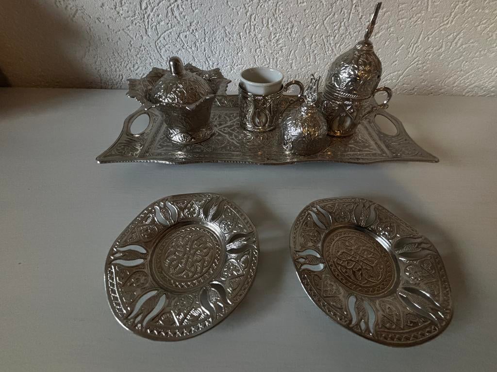 Turkse zilverkleurige koffieset, Ophalen of Verzenden, Zilver