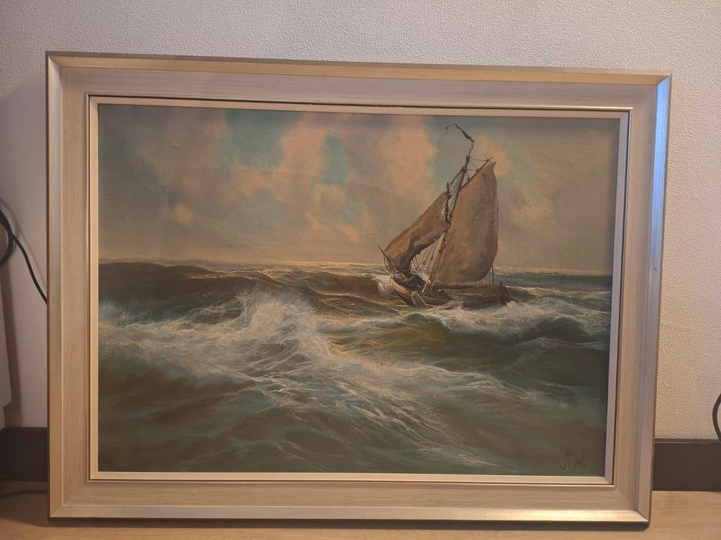Schilderij van V. Berk: Boot op woelige zee, Antiek en Kunst, Kunst | Schilderijen | Klassiek, Ophalen of Verzenden