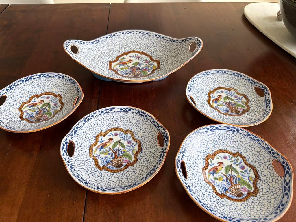 Mooie schaal met 4 schaaltjes Mosa Decor 601 Paradijsvogel, Antiek en Kunst, Ophalen of Verzenden