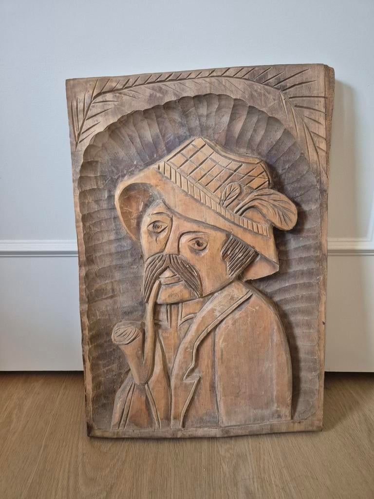 Houtsnijwerk man met sigaar, wand decoratie natuurlijk, Ophalen