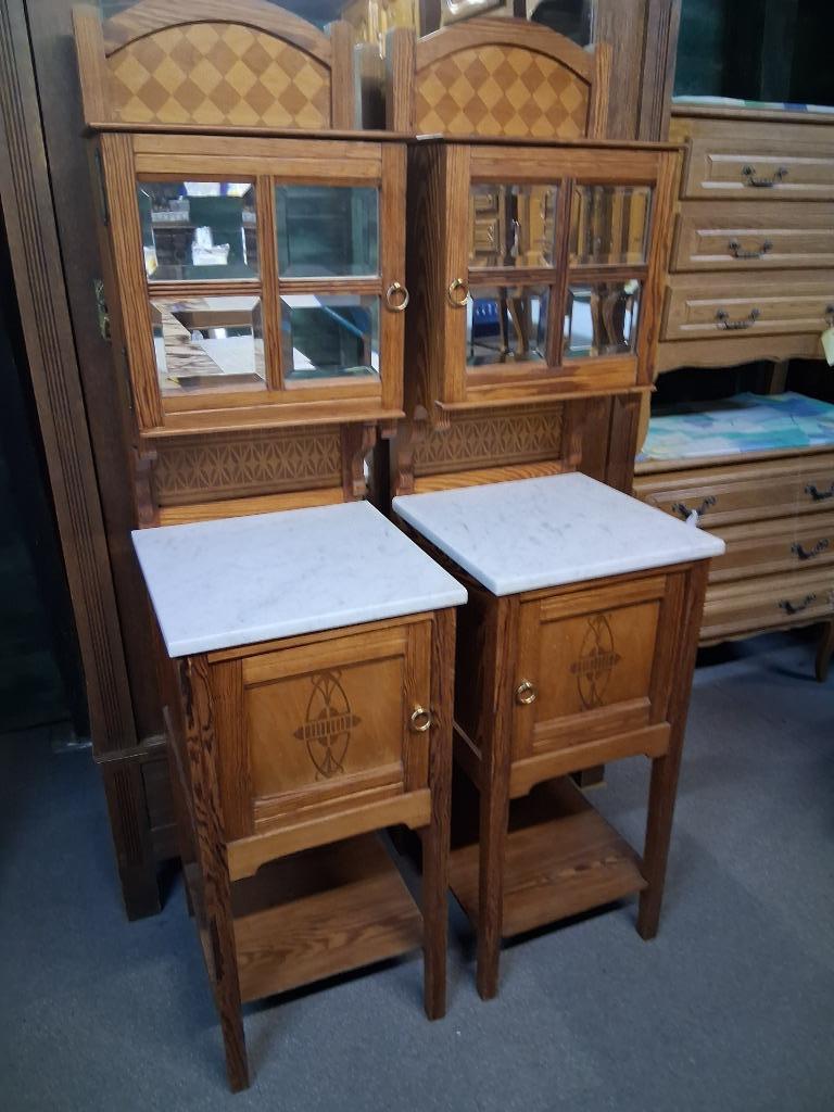 antiek set grenen nachtkastjes met wit marmer  450,00, Ophalen, Minder dan 45 cm, Zo goed als nieuw, 70 cm of meer