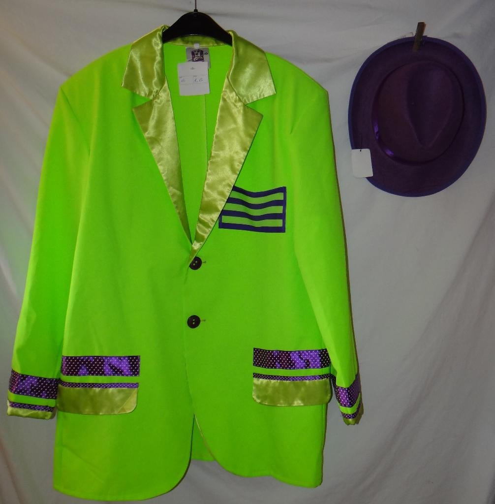 Leuk neon groen/paars FEEST/PARTY/CARNAVALS jas + hoed, Ophalen, Carnaval, Maat 56/58 (XL), Kleding