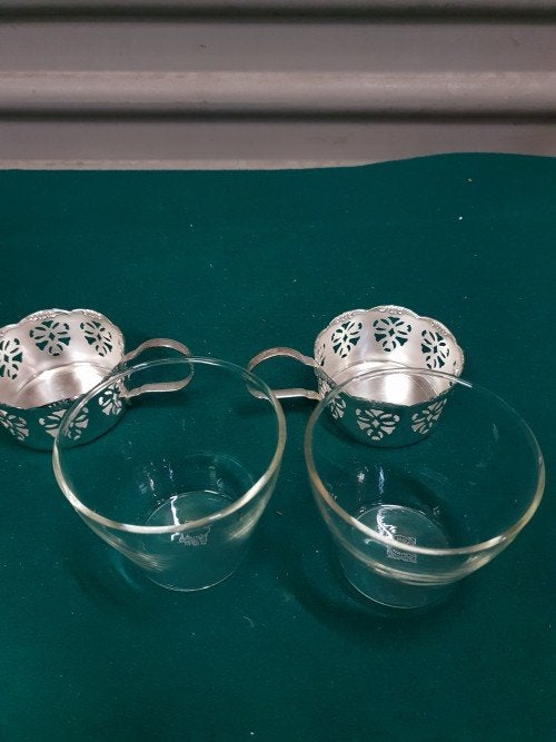 Theeglazen met verzilverde houder met oor, Schott Mainz Jena, Ophalen of Verzenden, 'T Olde Gre-j, Info@toldegrej.nl, Endepoelstraat 20f Didam