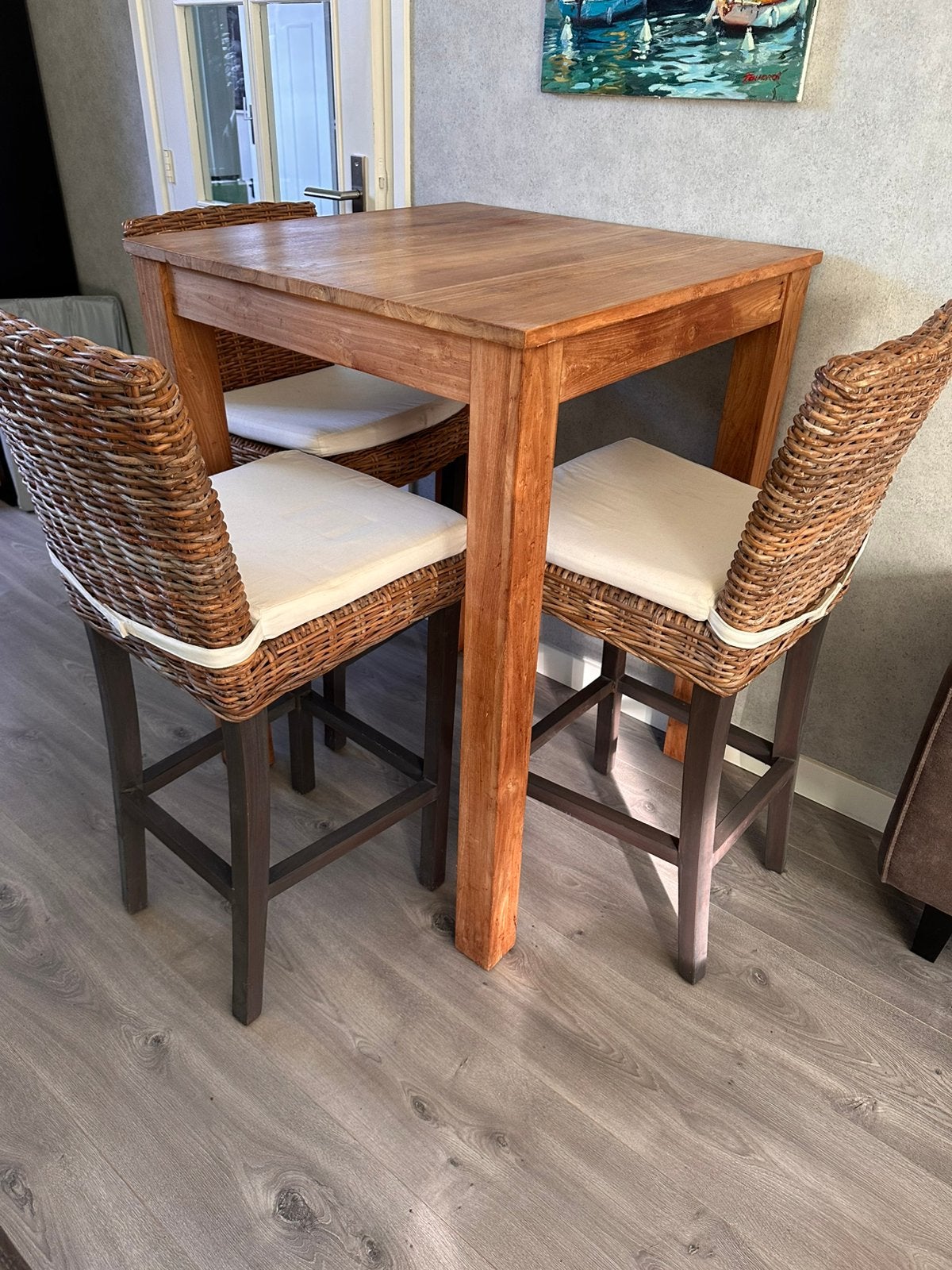 Bartafel en drie stoelkrukken, Ophalen, Zo goed als nieuw, Stoelen rotan, Minder dan 4 stoelen
