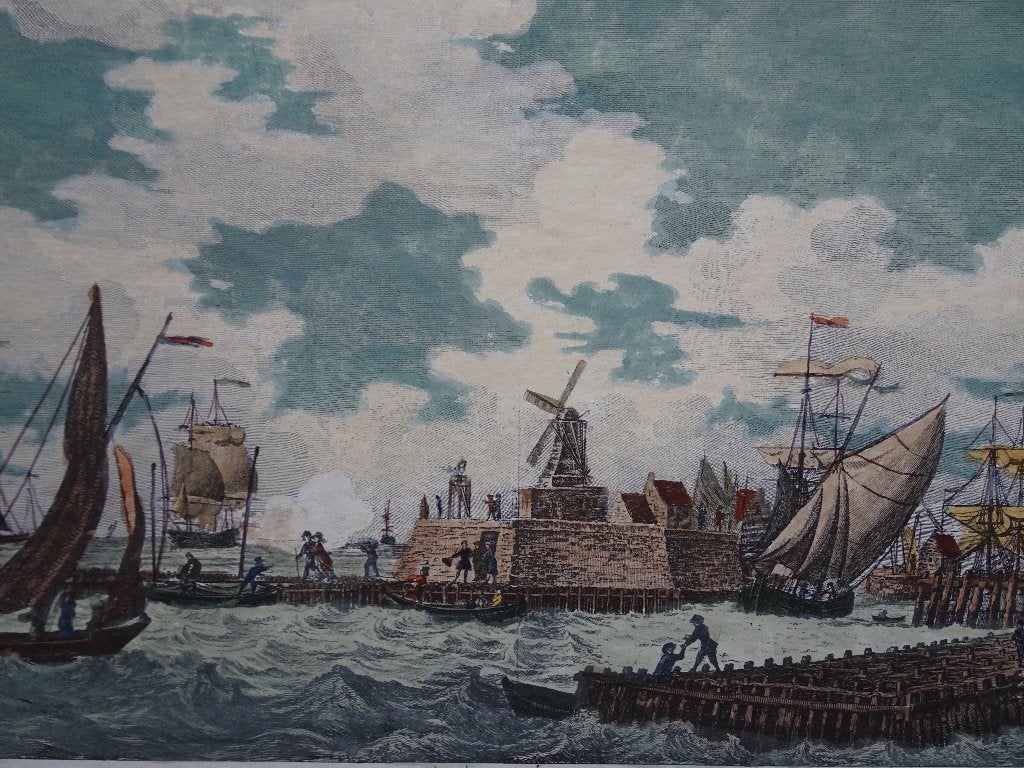 Handgekleurde druk gravure Haven Vlissingen, M. Sallieth, Gebruikt, Verzenden, Voor 1940, Prent