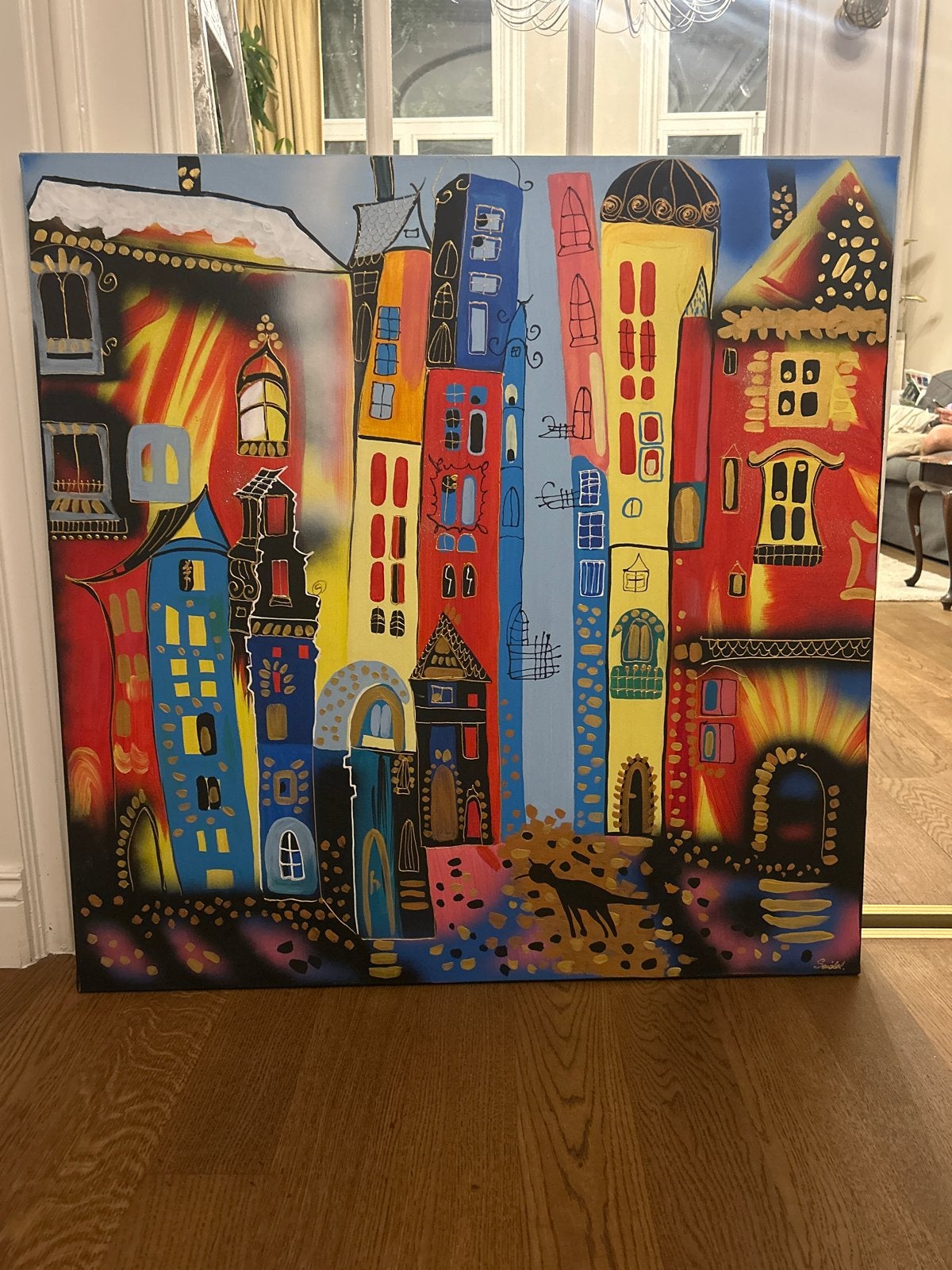 Kleurrijk Stadsgezicht Schilderij - Modern & Abstract, Ophalen, Acrylverf, Gesigneerd, Stadsgezicht