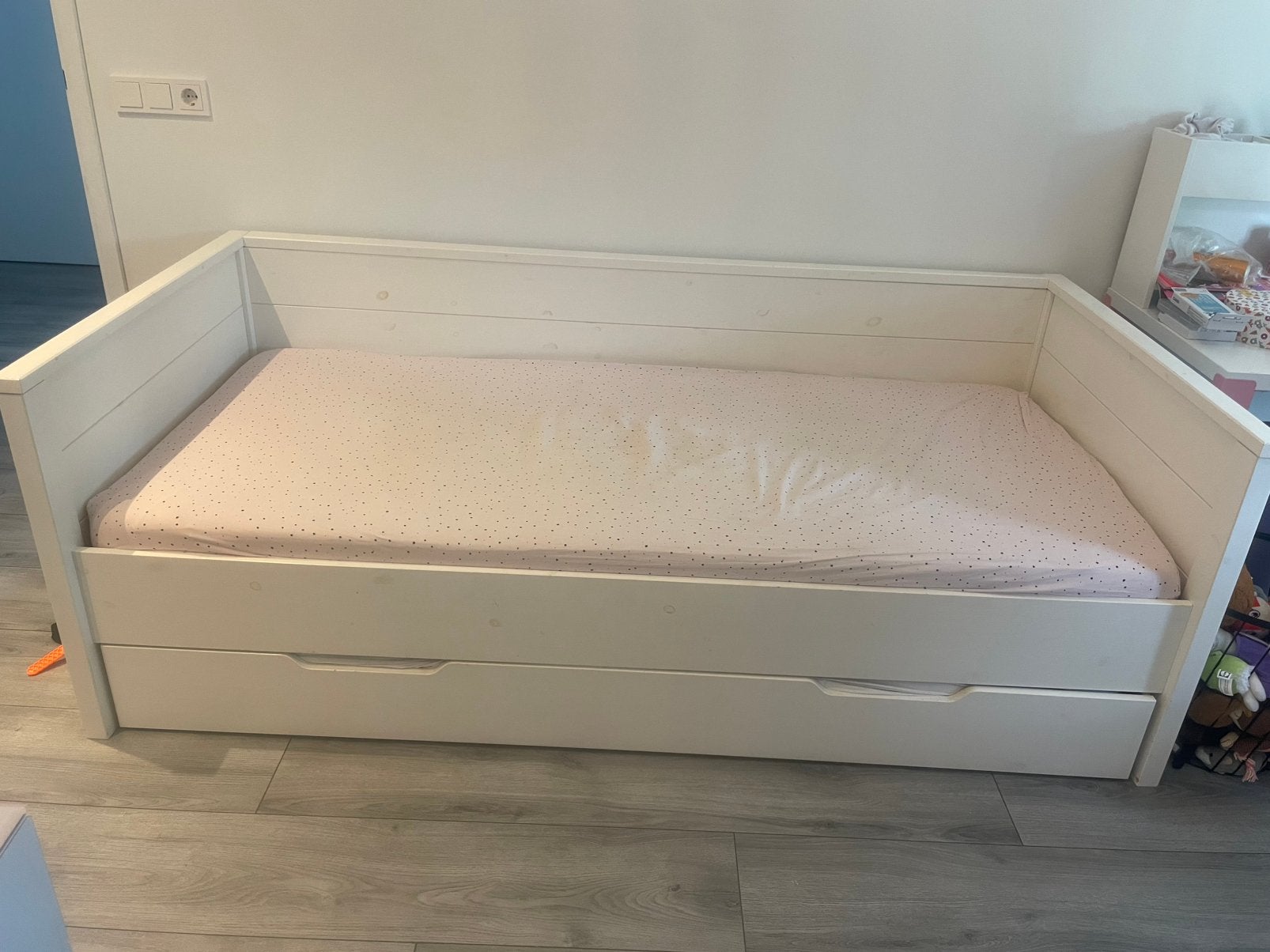 Woood bed met lade wit 90x200, Ophalen, 90 cm, Eenpersoons, Wit