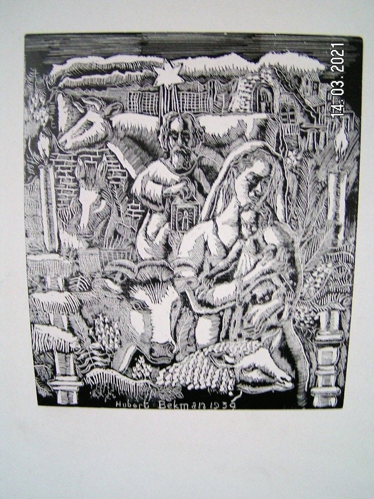 H.Bekman sprachtige Houtgravure Jozef, Maria en kindje Jezus, Antiek en Kunst, Religie, Genummerd, Ophalen of Verzenden, Gravure