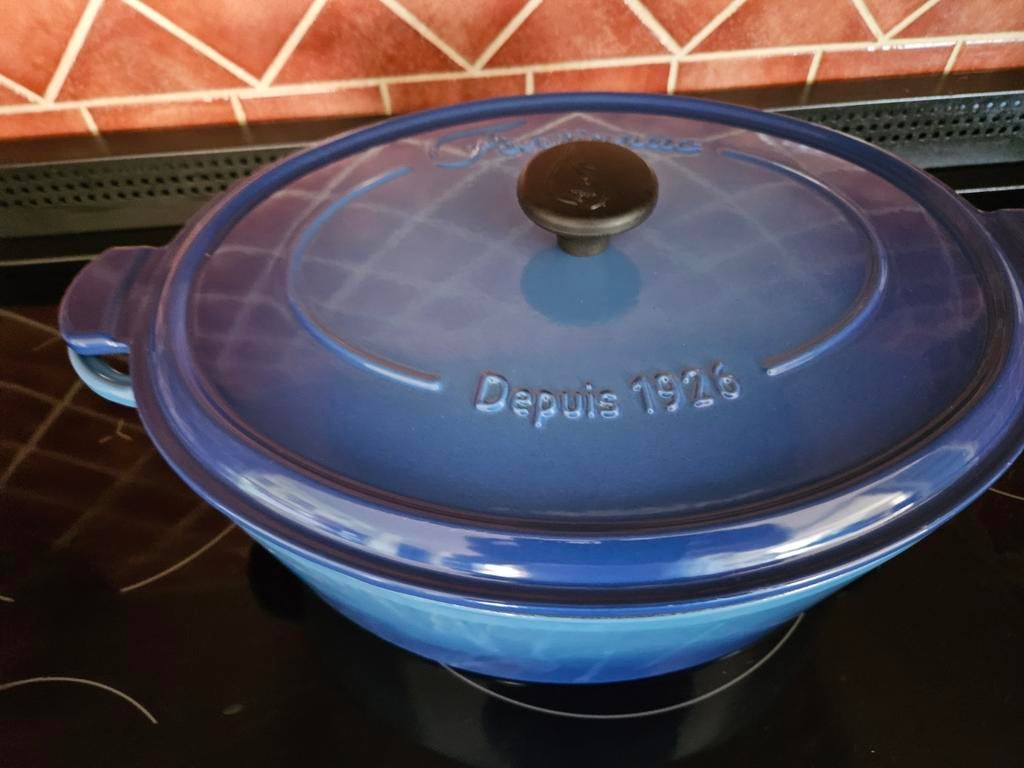 Blauwe gietijzeren braadpan - Sinds 1926, Gebruikt, Gietijzer, Ophalen of Verzenden, Keramische plaat