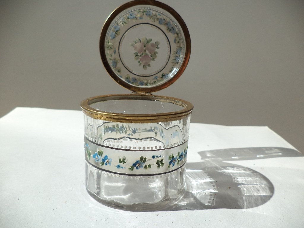 antiek geëmailleerd glas doos jewelry box glazen bonbonnière, Ophalen of Verzenden
