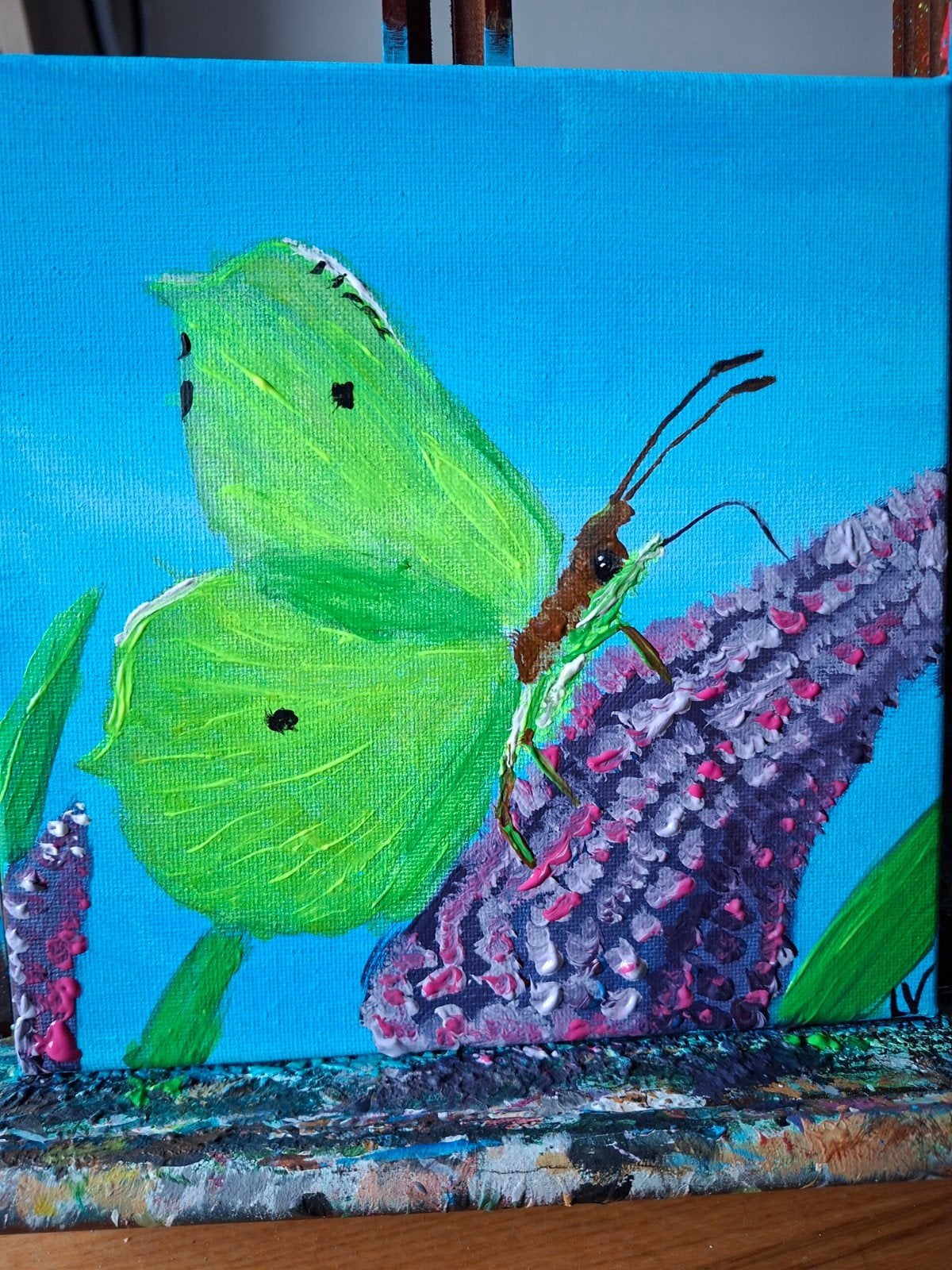 Vlinder op Bloesem - Acryl op Canvas 20x20cm, Antiek en Kunst, Ophalen of Verzenden