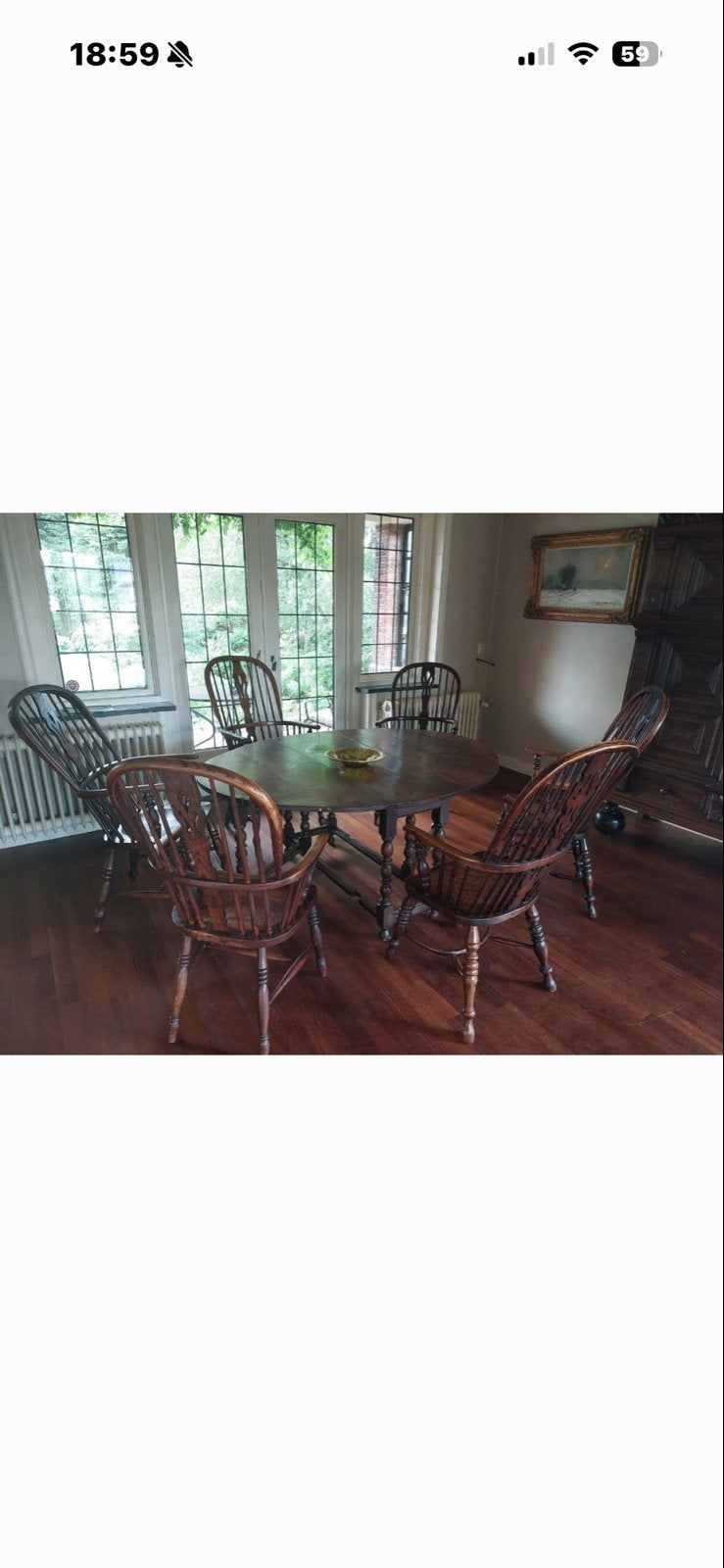 Antieke Windsor eettafel: 6 stoelen en ovale tafel, Ophalen