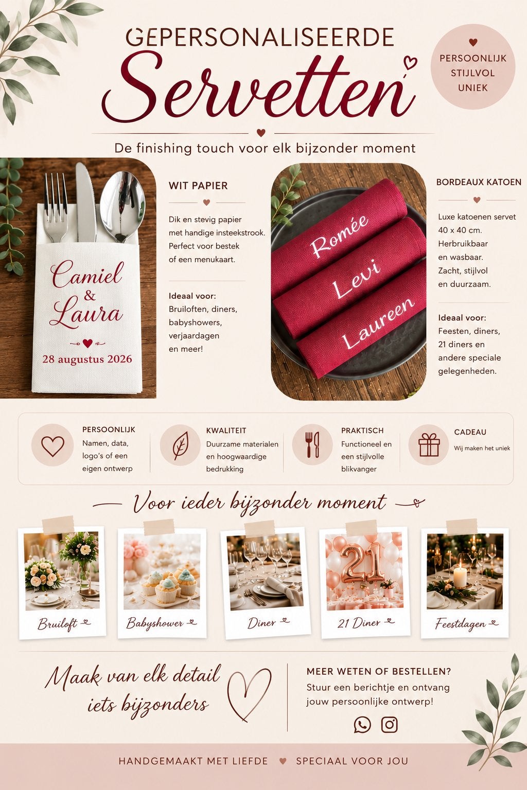 Gepersonaliseerde servetten, leuk voor bruiloft, 21 diner, Ophalen of Verzenden, Nieuw