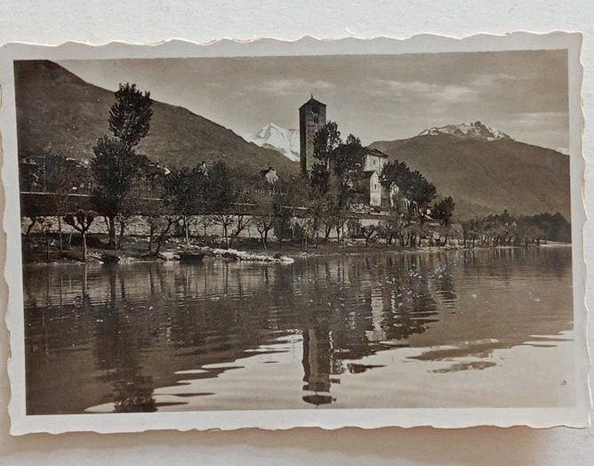 Rivapiana foto Meer met kerk en bergen Zwitserland, Ophalen of Verzenden, Voor 1940, Gebruikt
