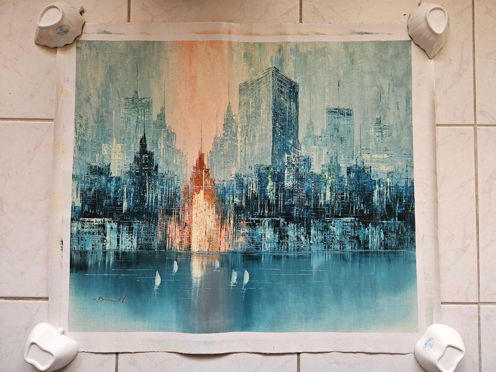 Schilderij op canvas Manhatten New York van Bonsall, Antiek en Kunst, Ophalen of Verzenden, Olieverf, Stadsgezicht, Gesigneerd