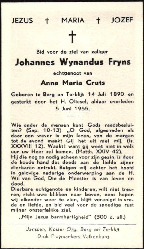 Fryns Johannes Wynandus 1890-1955 Berg en Terblijt, Verzamelen, Ophalen of Verzenden