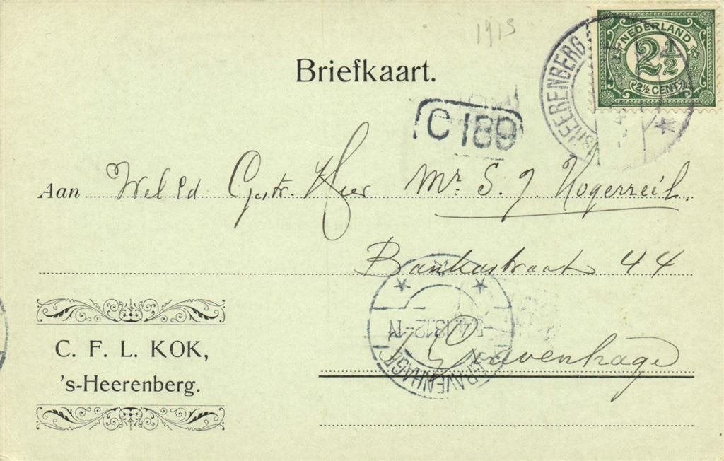 C.F.L. Kok, s-Heerenberg - 04.1913 - briefkaart, Ophalen of Verzenden, Briefkaart