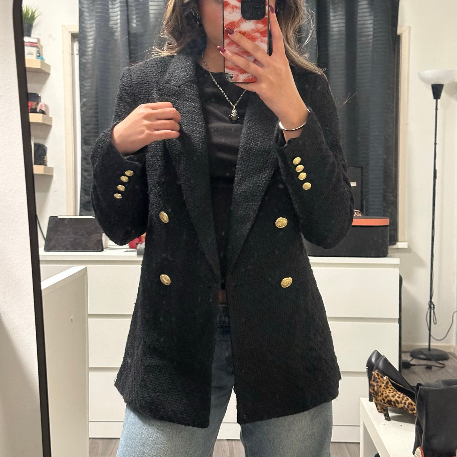 H&M Zwart Bouclé Jasje met Gouden Knopen - Maat XS, Zwart, Ophalen of Verzenden, Zo goed als nieuw, Jasje