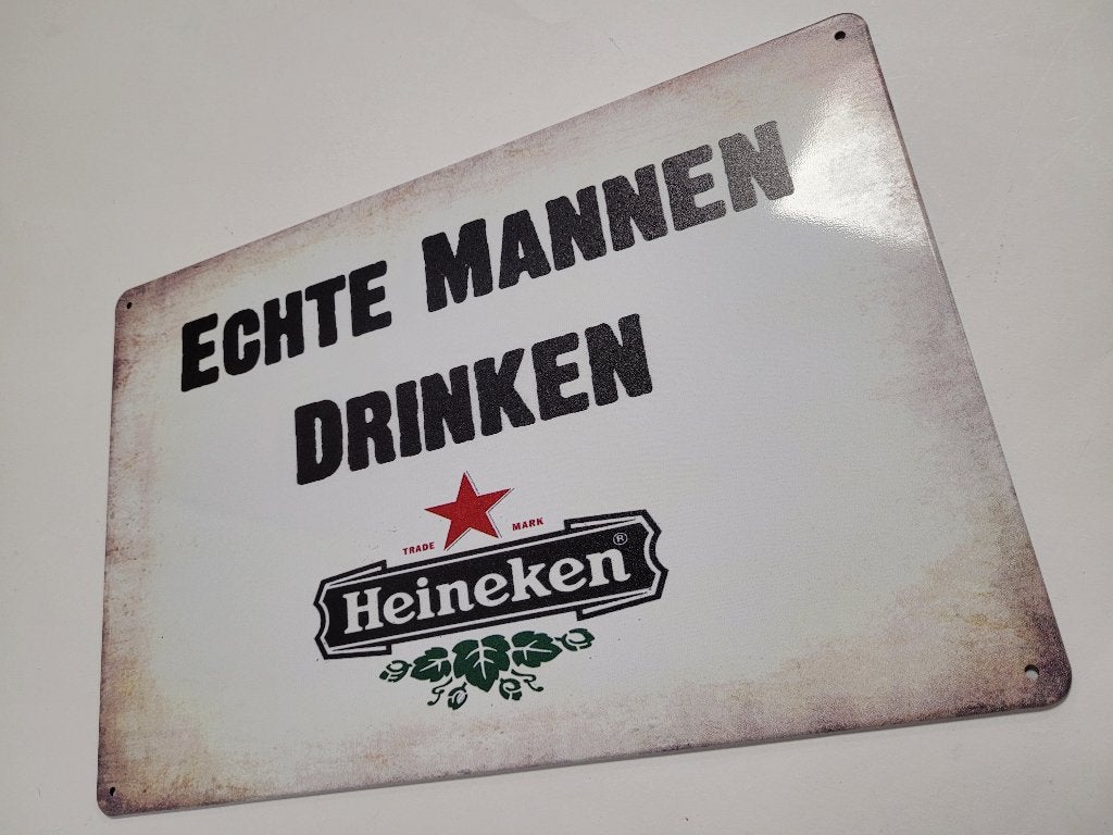 Echte mannen drinken Heineken bier reclamebord van metaal, Verzamelen, Ophalen of Verzenden, Nieuw, Reclamebord, Plaat of Schild