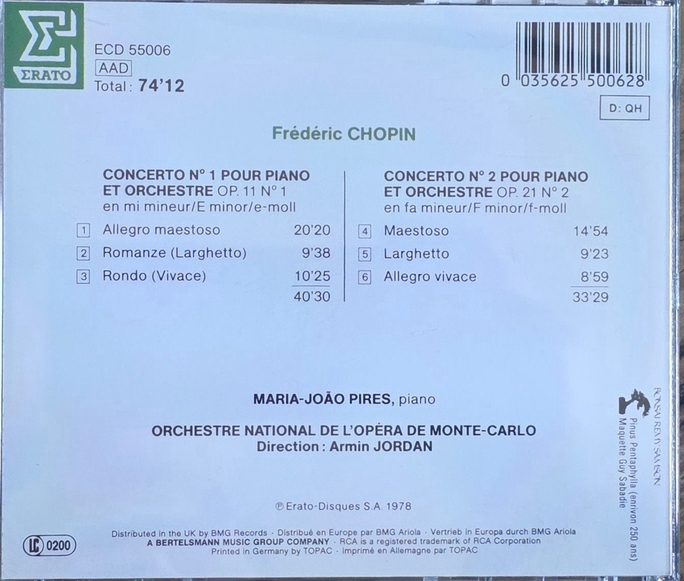 Chopin: 2 Concertos pour Piano - Maria João Pires CD, Cd's en Dvd's, Inclusief boekje, Chopin, Soloconcert, Ophalen of Verzenden