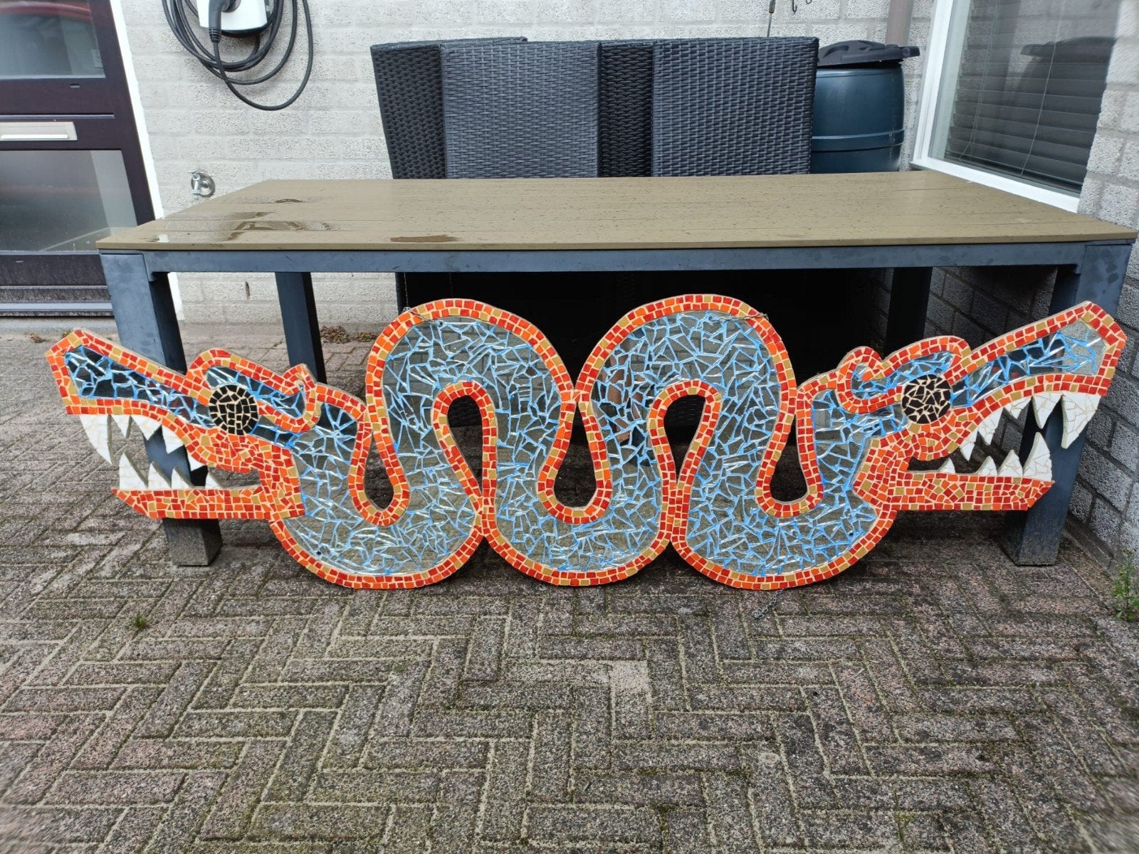 Vintage Tweekoppige Draak Mozaïek Wanddecoratie 2.30m, Ophalen, Gebruikt, Decoratieobject, Steen/keramiek